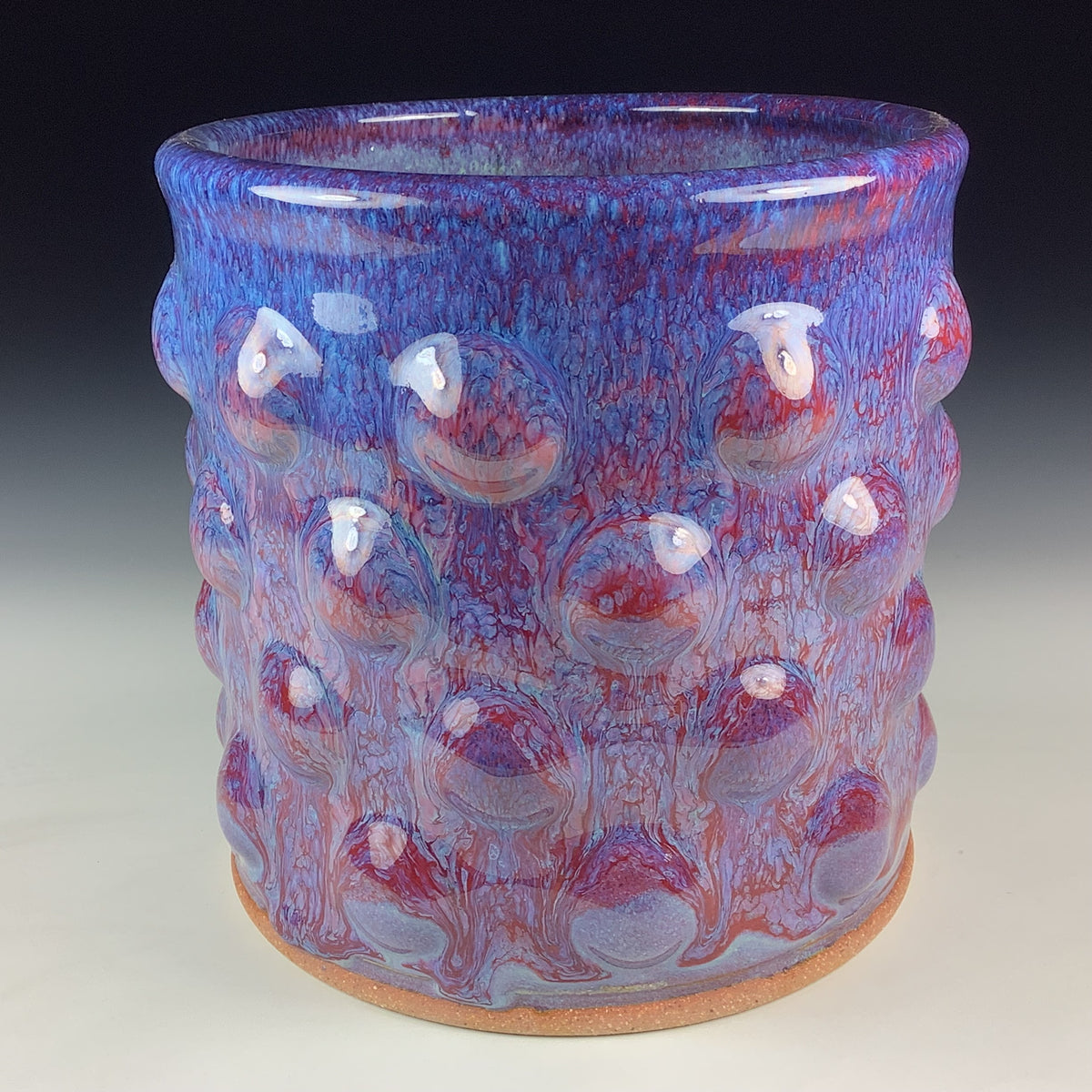 Handmade Stoneware Utensil Holder: Purple Red Glaze Bump Pottery Vase