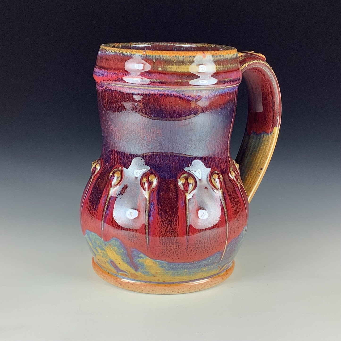 Handmade Stoneware Coffee Mug: Red Purple Glaze, Slip-Dotted