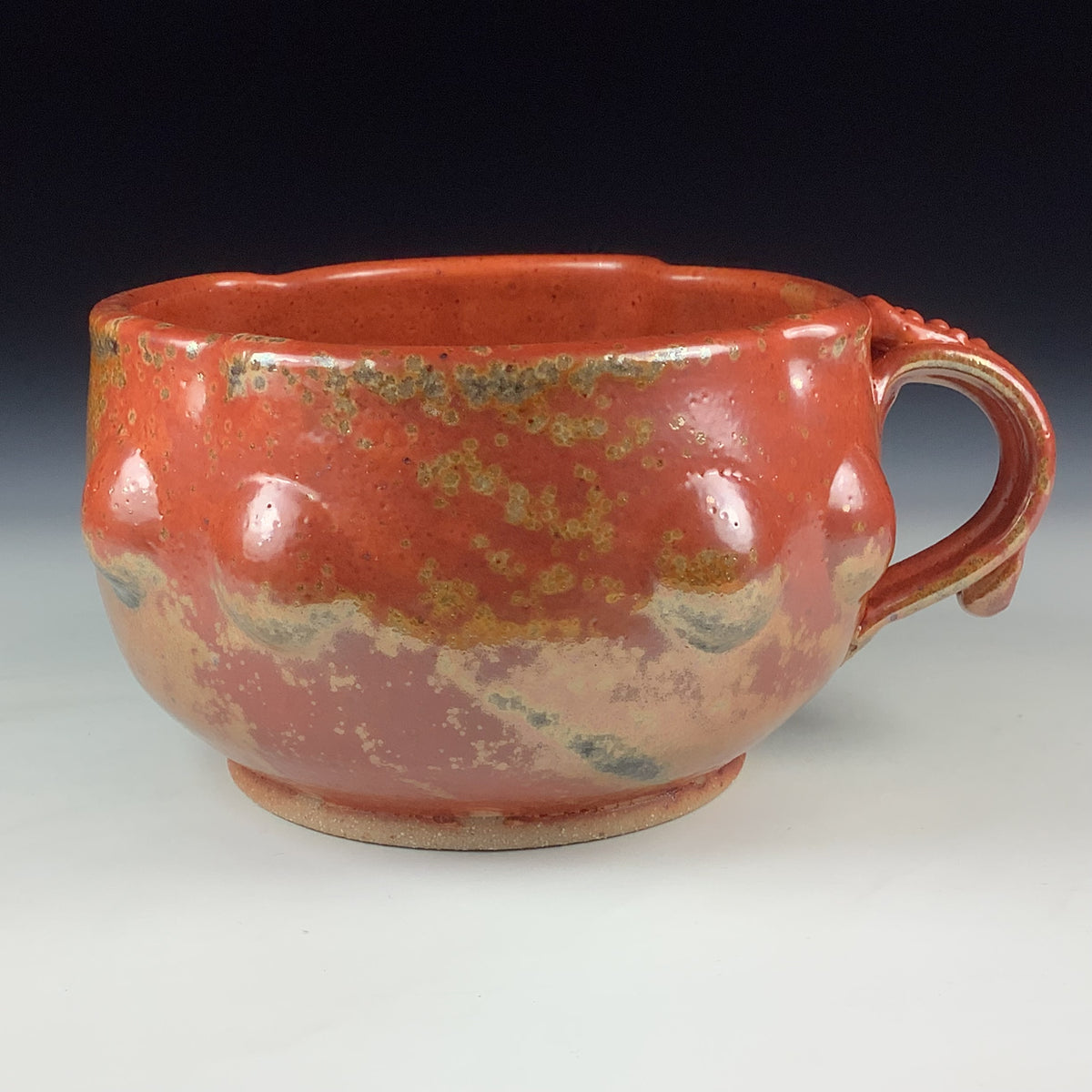 Handmade Ceramic Pottery Bowl with Handle, Orange Shino Bump Glaze