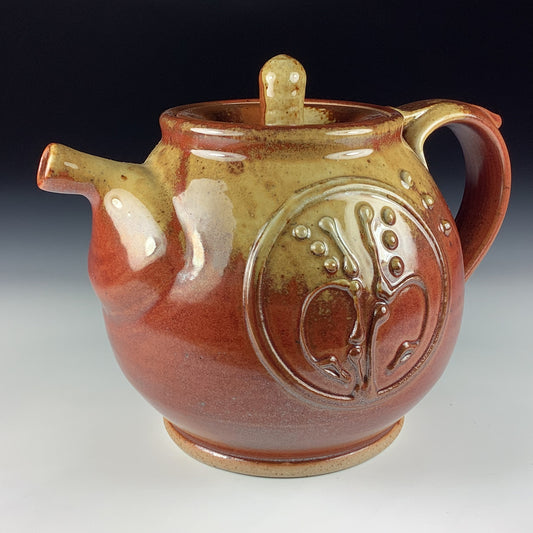 Handmade Ceramic Teapot: Iron Red with White Ash, Slip Trailed Bamboo Bump Stoneware - Item 3935