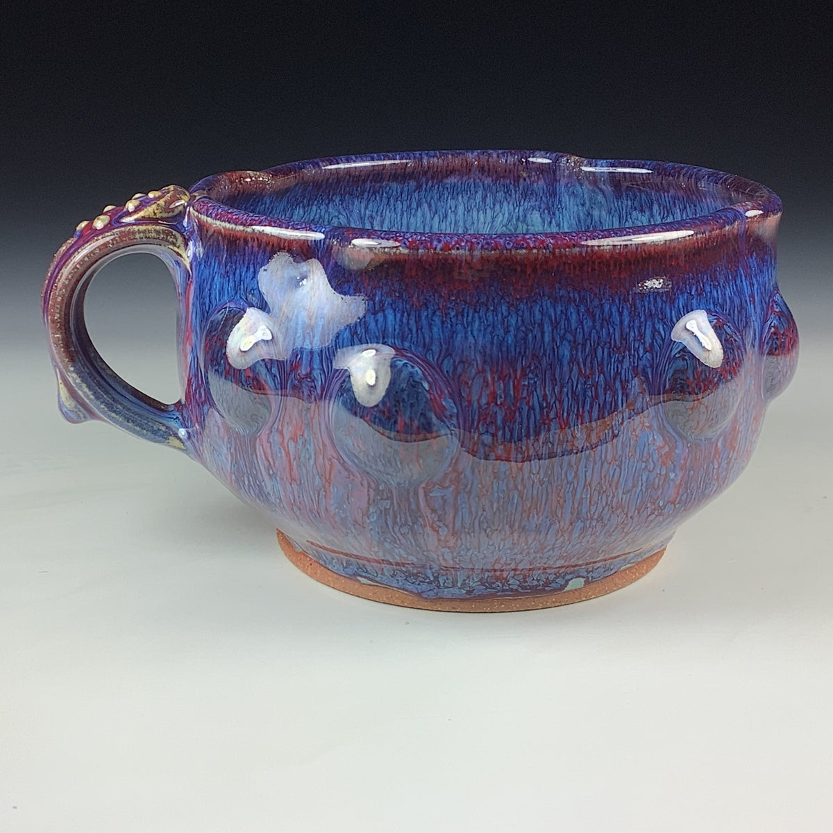Handmade Ceramic Pottery Bowl with Handle, Red Purple Bump Glaze