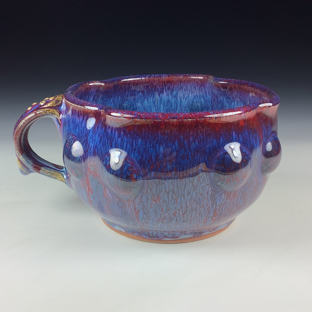 Handmade Ceramic Pottery Bowl with Handle, Red Purple Bump Glaze