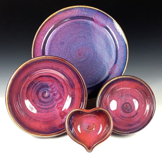 Handmade Stoneware Pottery Plate Setting - Purple Red Glaze