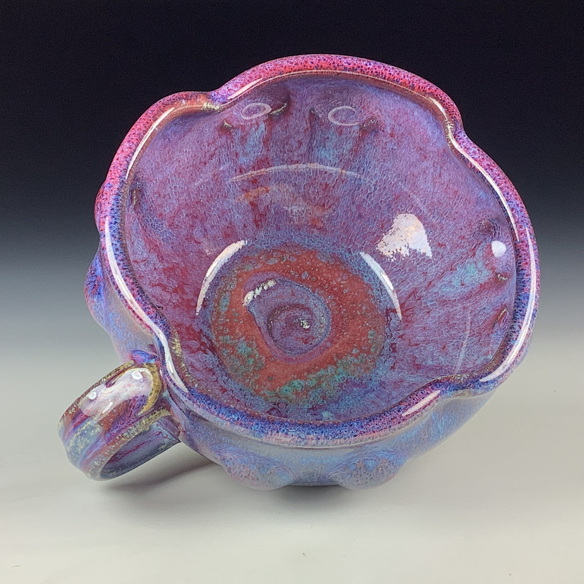 Handmade Ceramic Pottery Bowl with Handle, Red Purple Bump Glaze