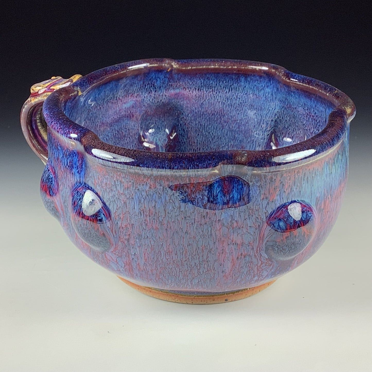 Handmade Ceramic Pottery Bowl with Handle, Red Purple Bump Glaze