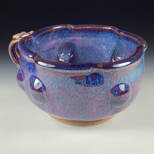 Handmade Ceramic Pottery Bowl with Handle, Red Purple Bump Glaze