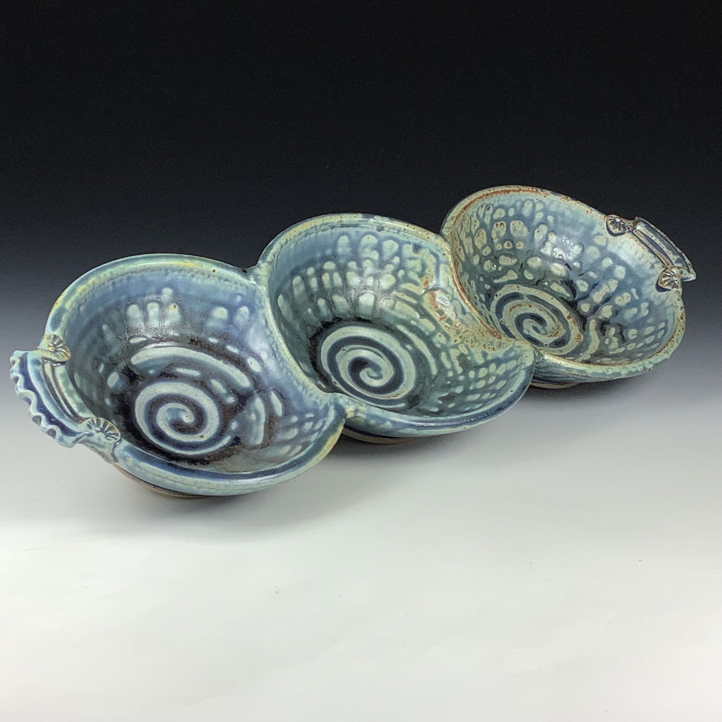 Handmade Ceramic Stoneware Pottery Serving Bowl or Centerpiece - Ash Blue Glaze Tri-Bowl with Handles