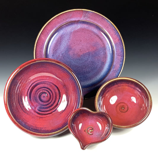 Handmade Stoneware Pottery Plate Setting - Purple Red Glaze