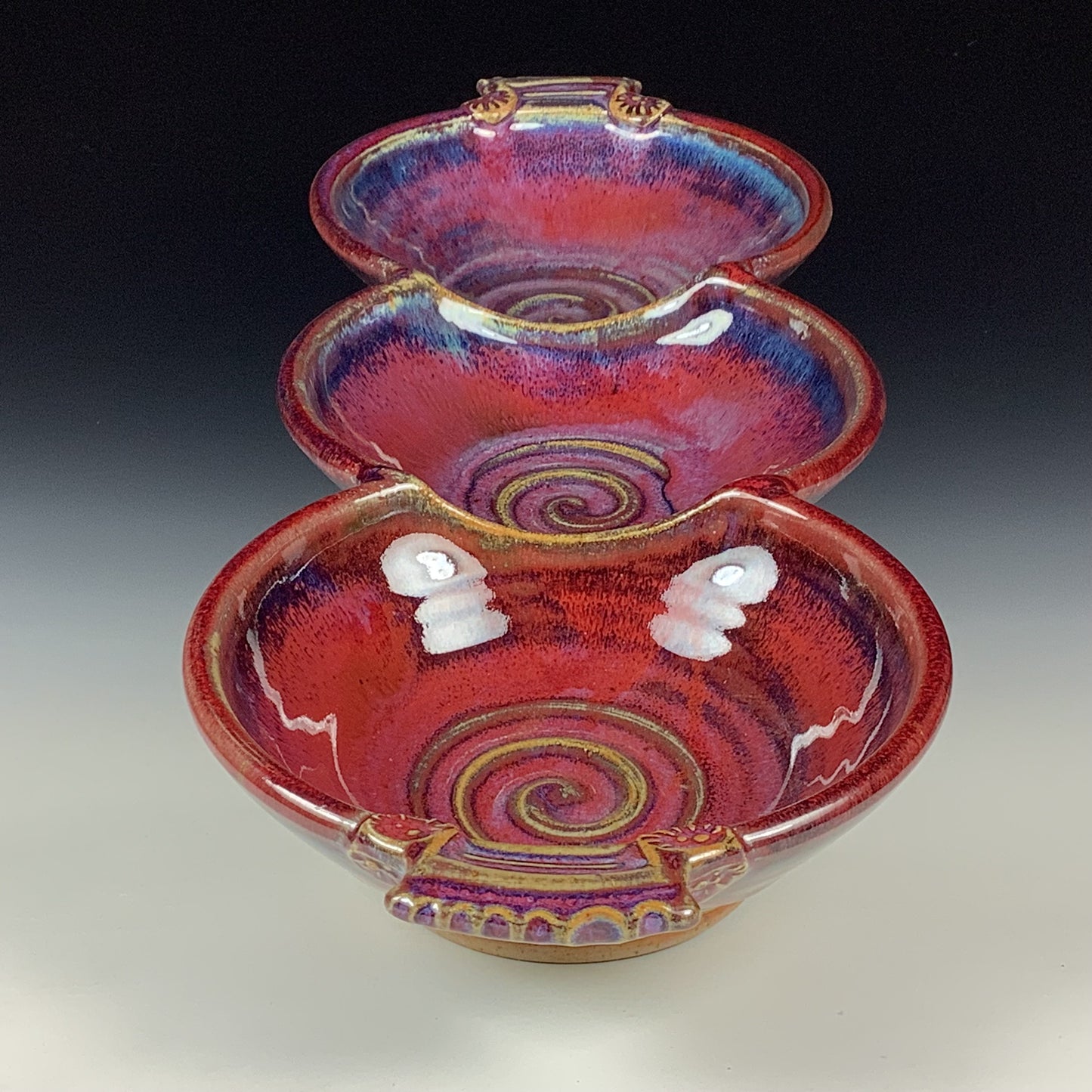 Handmade Ceramic Stoneware Pottery Serving Bowl or Centerpiece - Red Glaze Tri-Bowl with Handles