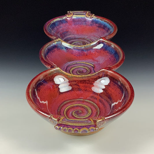 Handmade Ceramic Stoneware Pottery Serving Bowl or Centerpiece - Red Glaze Tri-Bowl with Handles