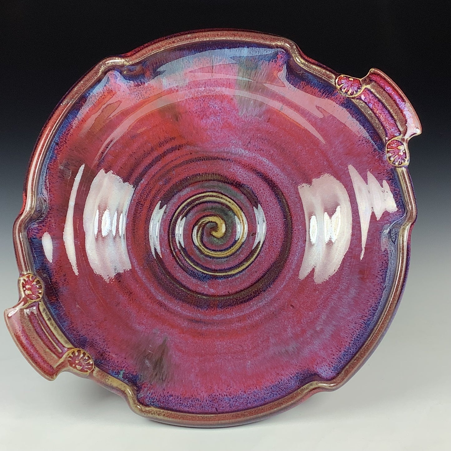 Handmade Stoneware Pottery Purple Red Glazed Serving Dish with Handles - Item 4074