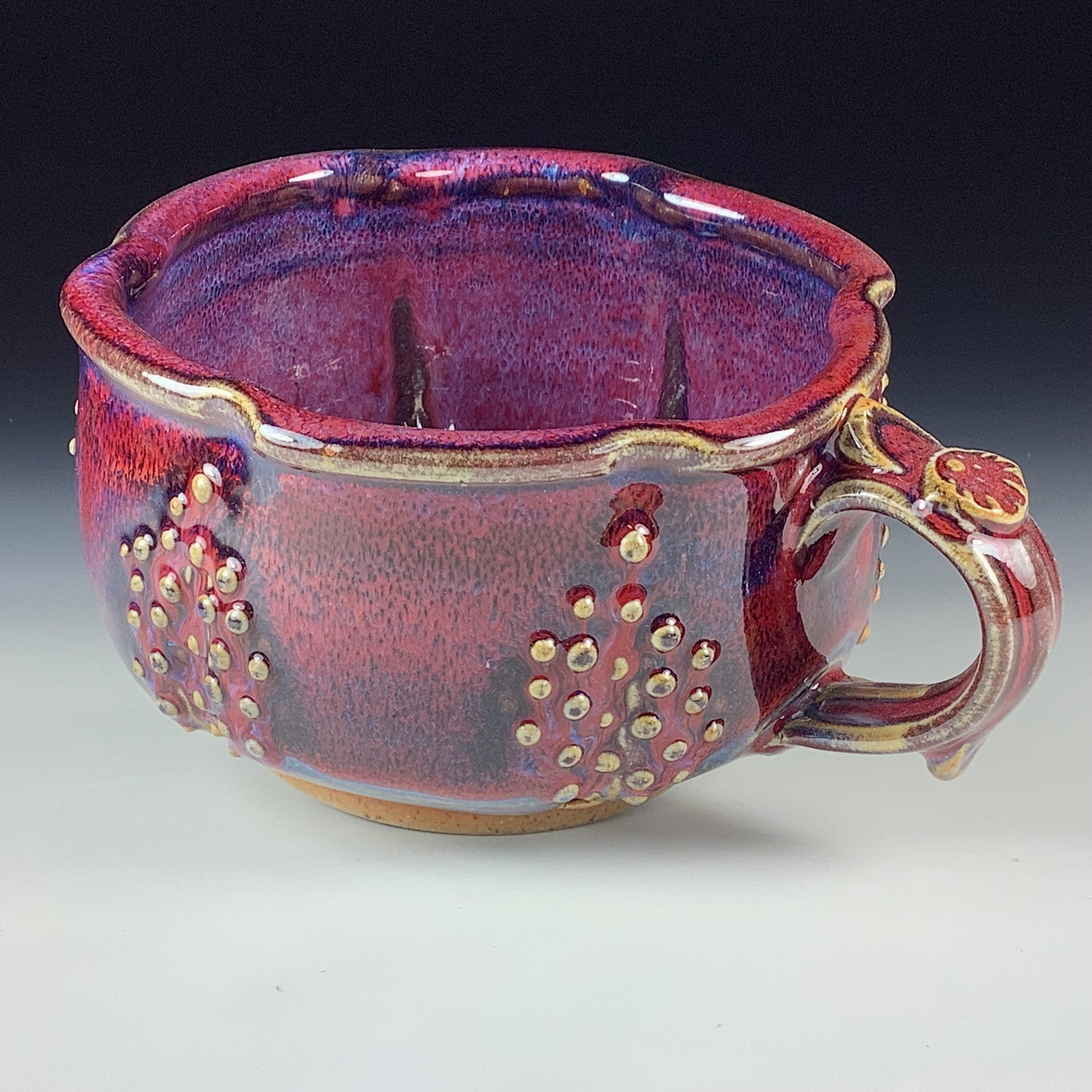 Handmade Ceramic Pottery Bowl with Handle, Slip Dotted Red Purple Glaze