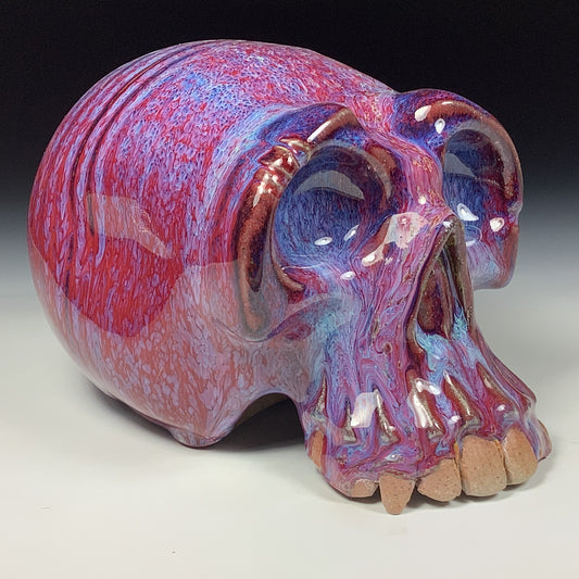 Handmade stoneware art abstract ceramic sculptures pottery decoration skull - Purple red wheel thrown enclosed form altered skull sculpture - item 3827