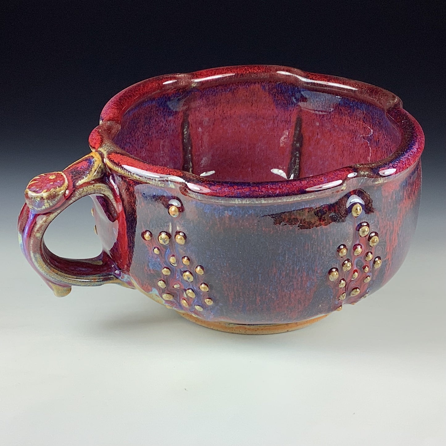 Handmade Ceramic Pottery Bowl with Handle, Slip Dotted Red Purple Glaze