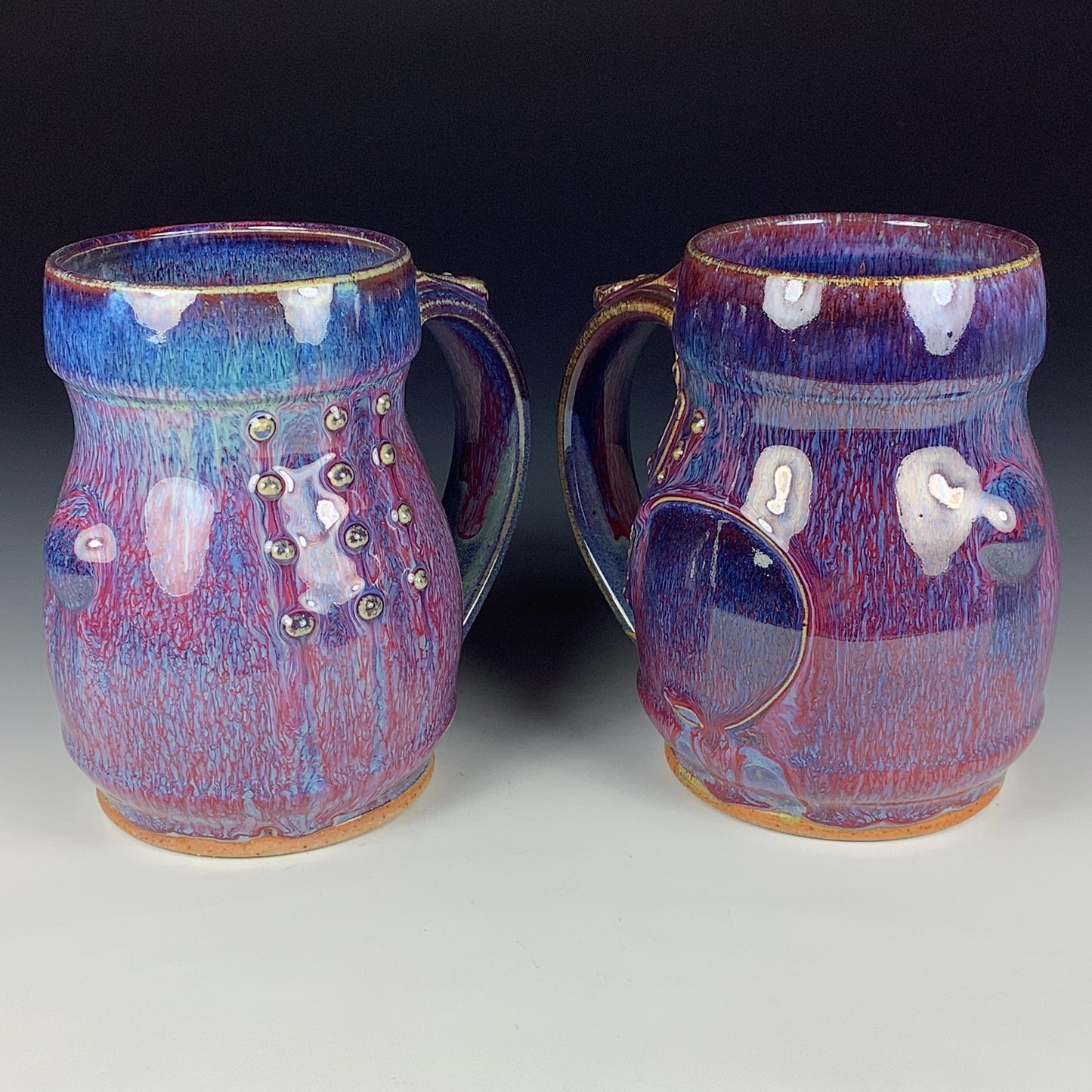 Handmade Ceramic Coffee Mug Set, Purple Red Glaze, Bamboo Bump Slip-Dotted Stoneware, Set of Two - Item 3946