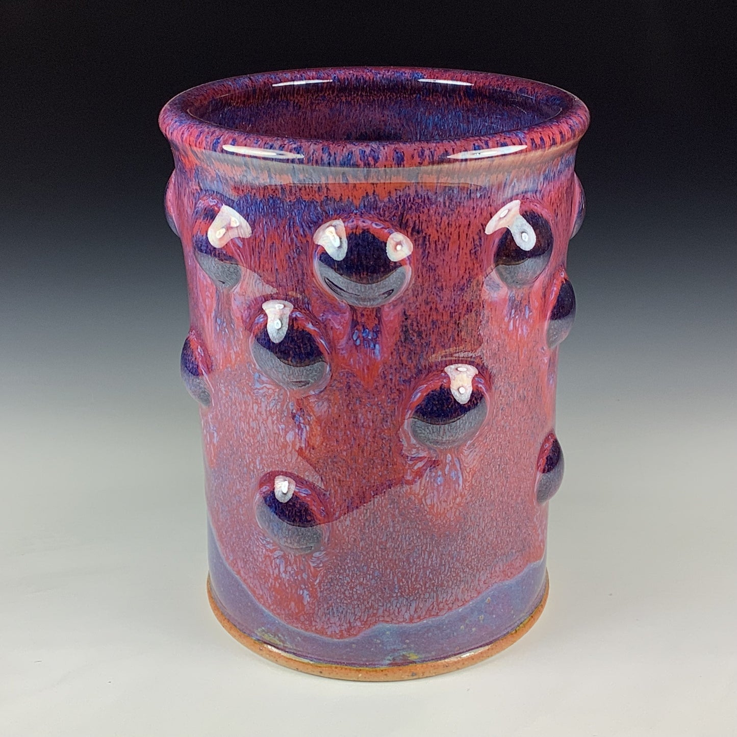 Handmade Stoneware Utensil Holder: Purple Red Glaze Bump Pottery Vase - Item 4098
