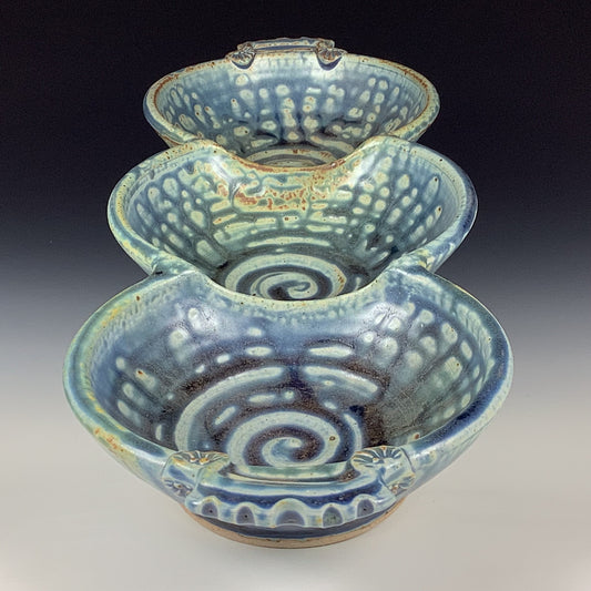 Handmade Ceramic Stoneware Pottery Serving Bowl or Centerpiece - Ash Blue Glaze Tri-Bowl with Handles