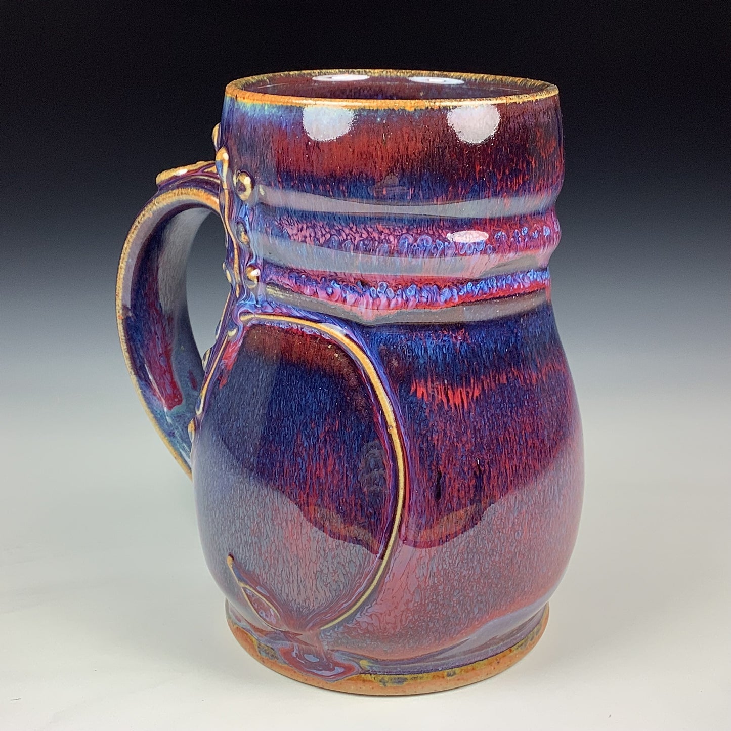 Handmade Stoneware Coffee Mug: Red Purple Glaze, Slip-Dotted Bamboo - Mug 3975