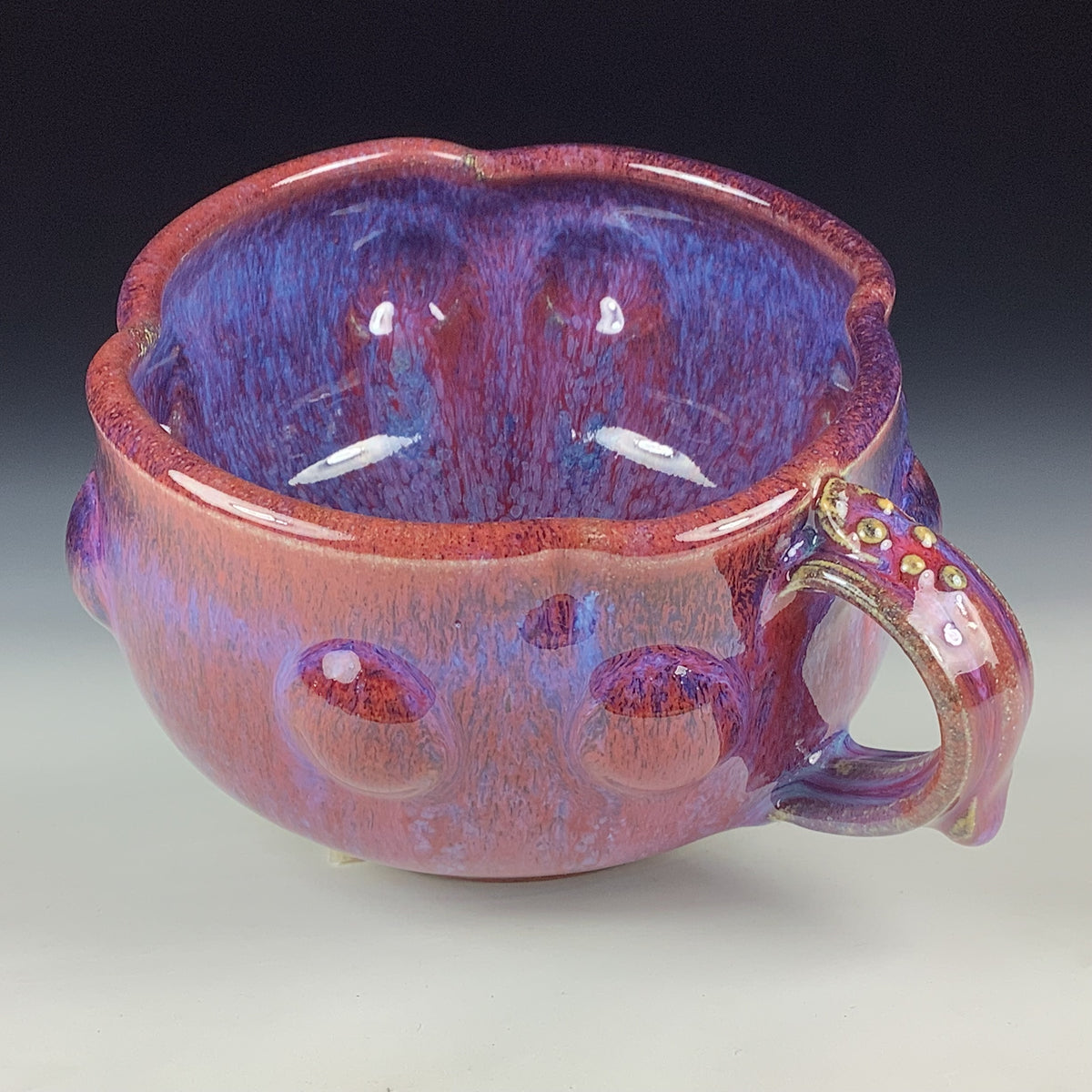 Handmade Ceramic Pottery Bowl with Handle, Red Purple Bump Glaze