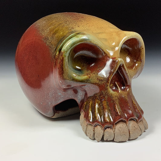 Handmade stoneware art abstract ceramic sculptures pottery decoration skull - Iron red with white ash wheel thrown enclosed form altered skull sculpture - item 3826
