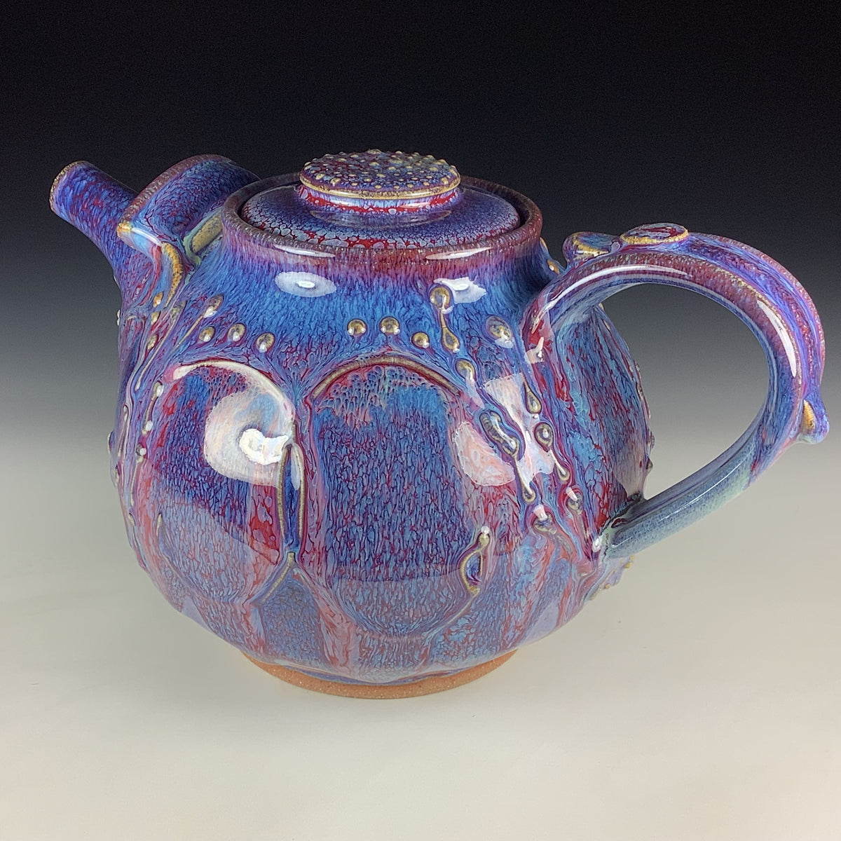 Handmade Ceramic Teapot: Purple Red Glaze, Slip Trailed Bamboo Stoneware