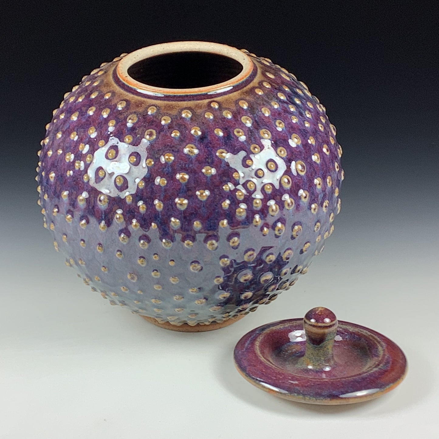 Handmade Ceramic Stoneware Pottery - Deep Purple Slip Dotted Orb Lidded Jar