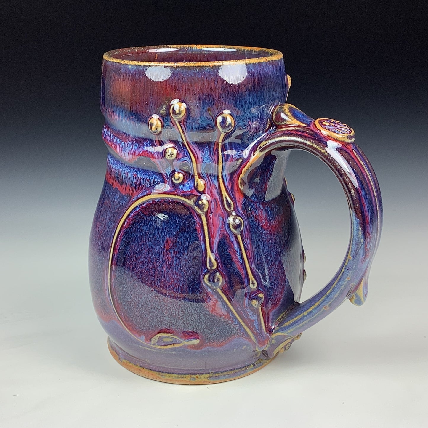 Handmade Stoneware Coffee Mug: Red Purple Glaze, Slip-Dotted Bamboo - Mug 3975