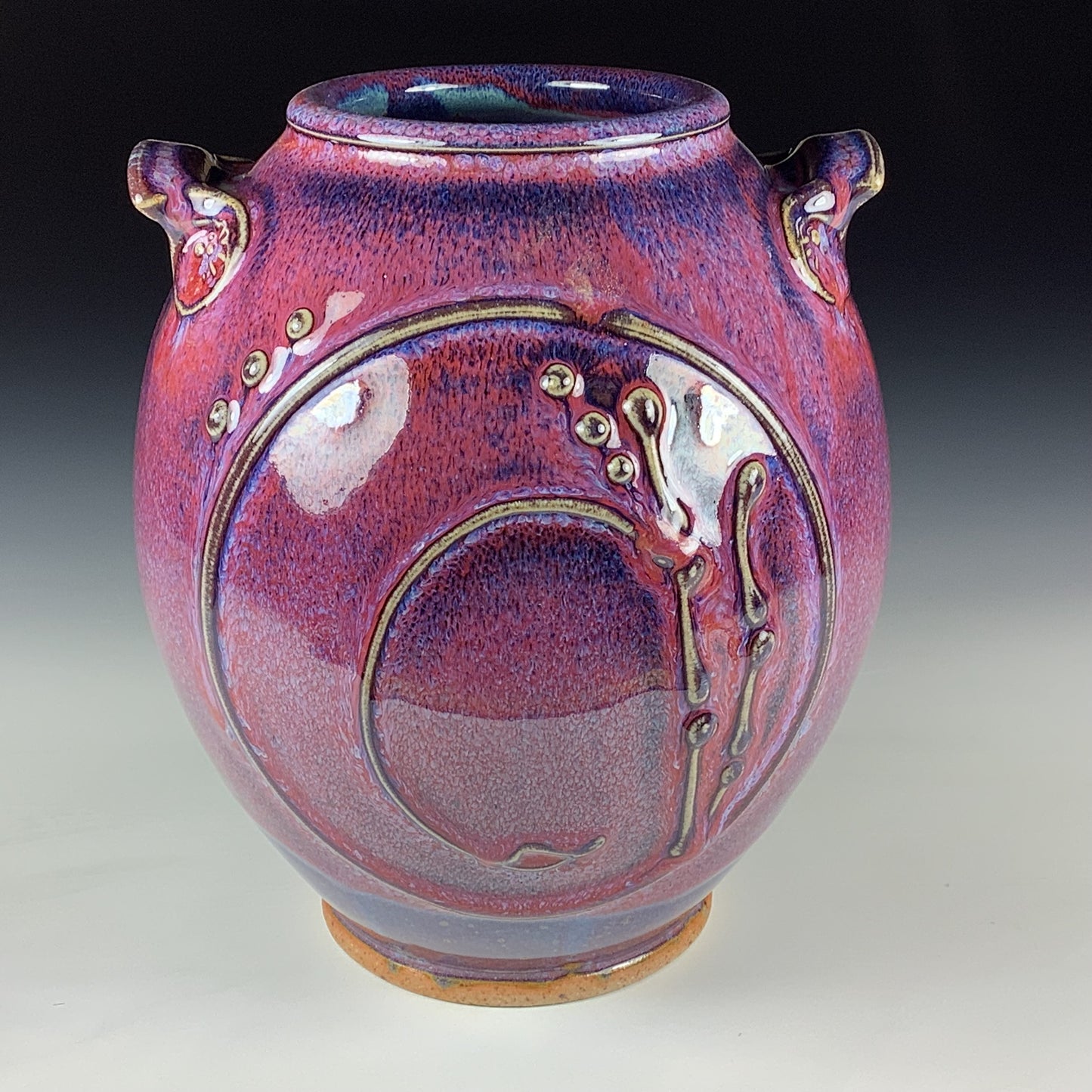 Handmade Stoneware Pottery Slip Trail Bamboo Purple Red Glaze Vase - Item 4091