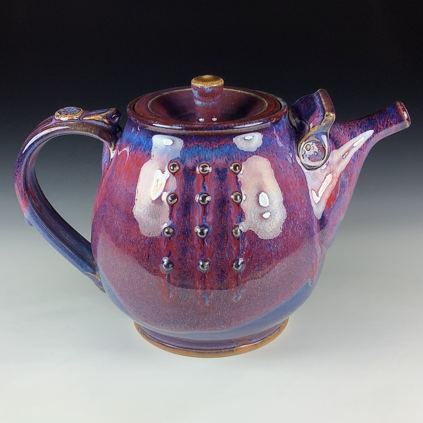 Handmade Ceramic Teapot: Purple Red Glaze, Slip Trailed Dotted Stoneware - Item 4088