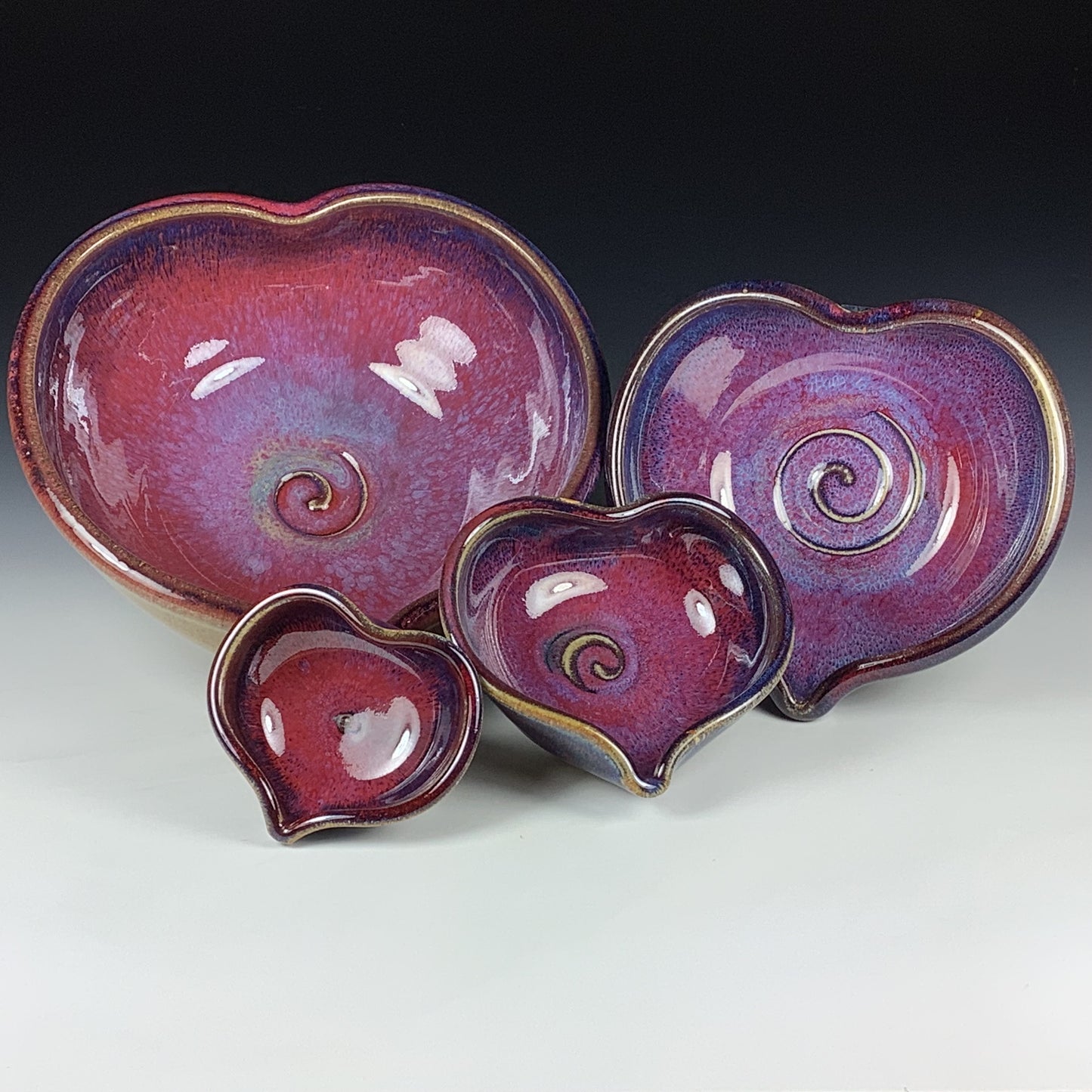 Handmade Ceramic Heart-Shaped Nesting Bowl Set of 4, Red Purple Glaze - Item 4019