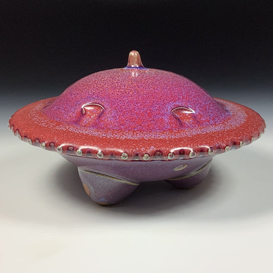 Handmade stoneware art abstract ceramic sculptures pottery decoration UFO - Red wheel thrown enclosed form altered sculpture - item 3820