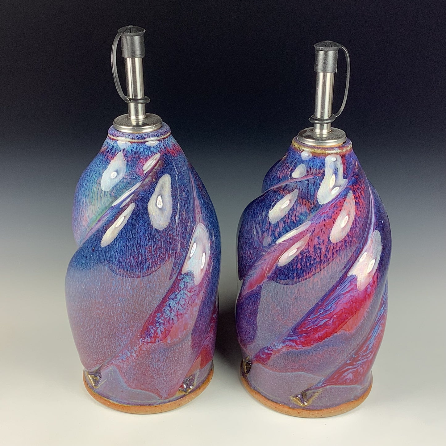 Handmade Ceramic Olive Oil Dispensers, Set of Two: Purple Red Twisty Stoneware Cruet - Item 3955