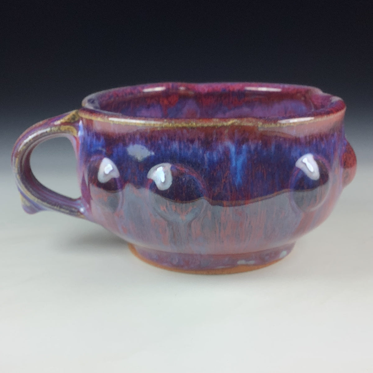 Handmade Ceramic Pottery Bowl with Handle, Red Purple Bump Glaze