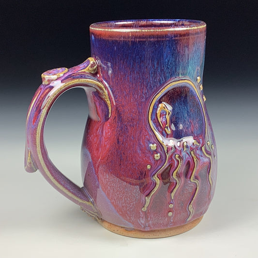 Handmade ceramic mugs stoneware coffee mugs pottery tea mugs stoneware drinkware - Purple red jellyfish slip bump mug 3766