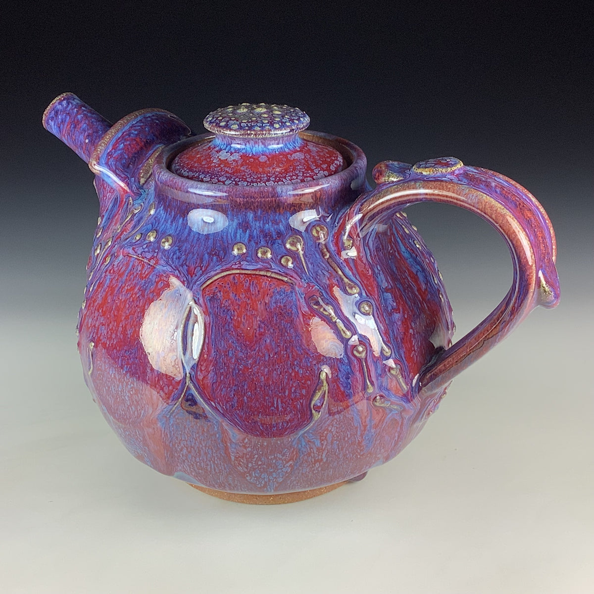 Handmade Ceramic Teapot: Purple Red Glaze, Slip Trailed Bamboo Stoneware