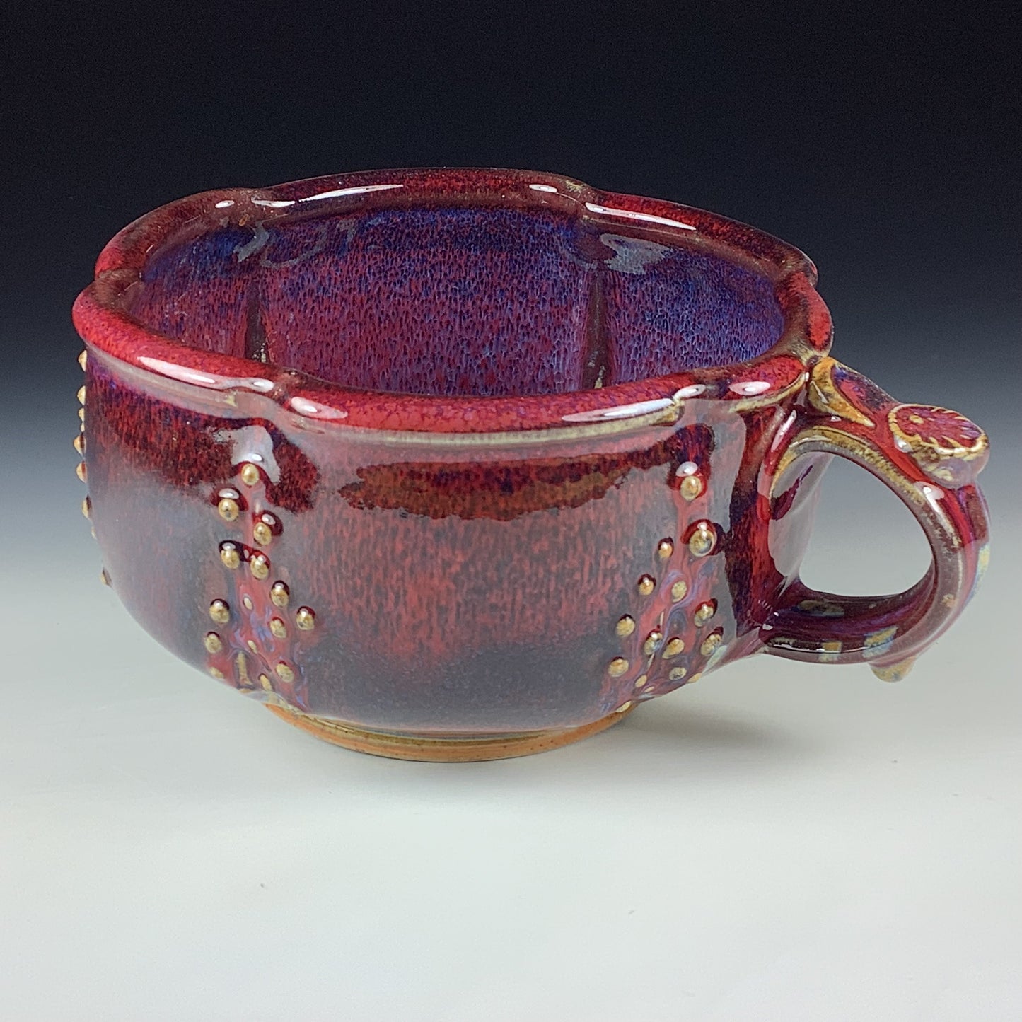 Handmade Ceramic Pottery Bowl with Handle, Slip Dotted Red Purple Glaze
