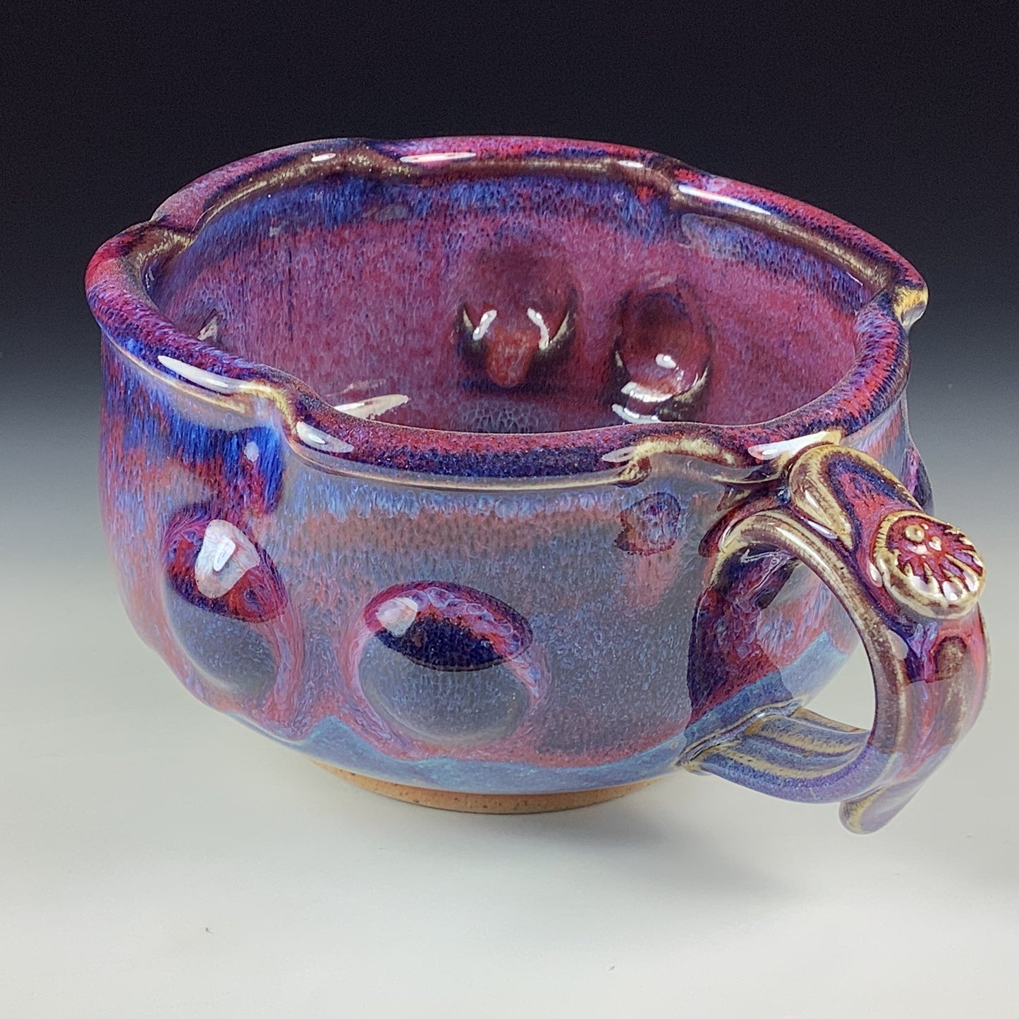 Handmade Ceramic Pottery Bowl with Handle, Red Purple Bump Glaze