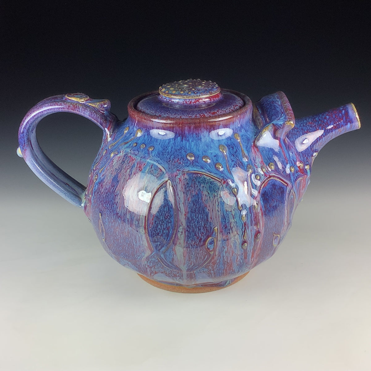 Handmade Ceramic Teapot: Purple Red Glaze, Slip Trailed Bamboo Stoneware
