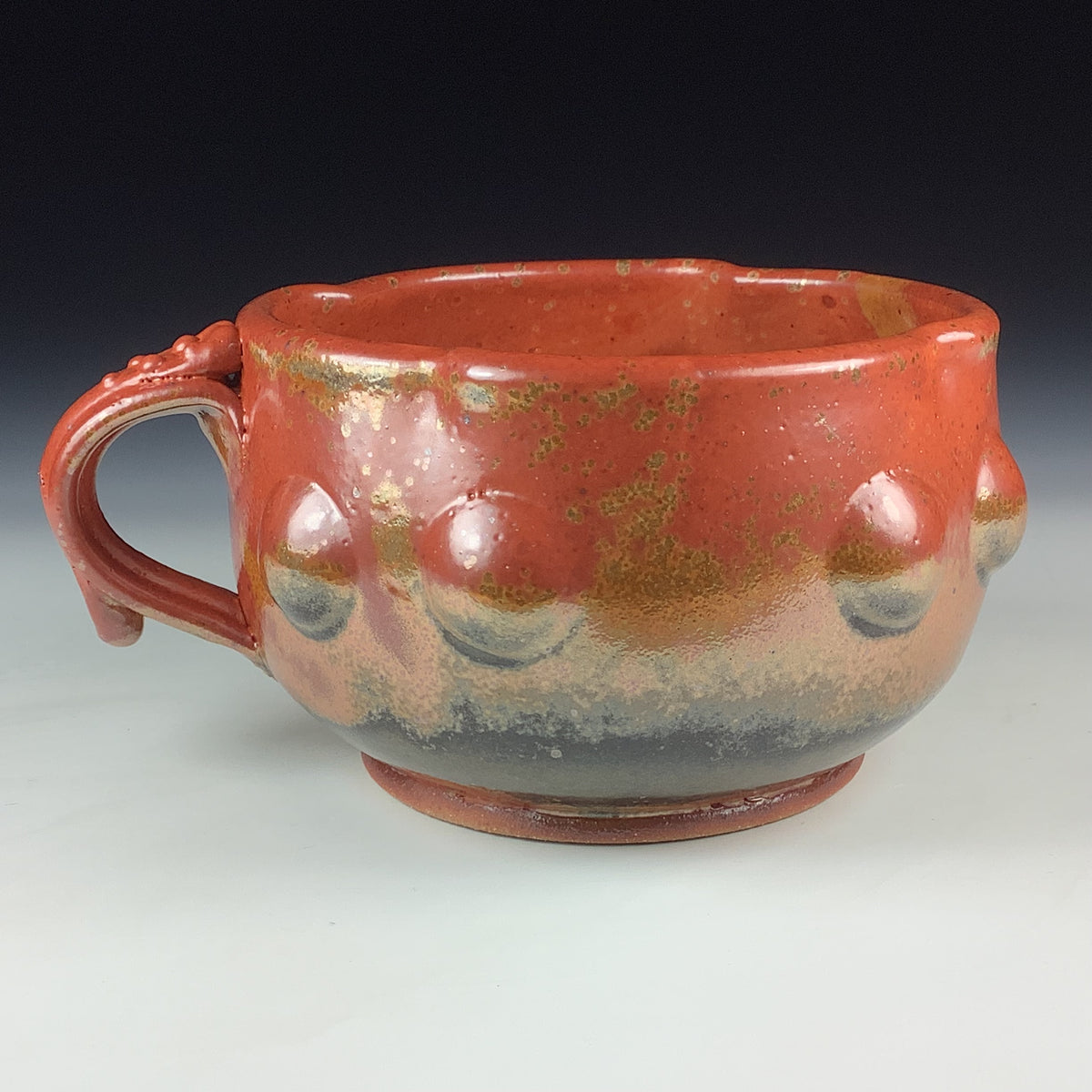 Handmade Ceramic Pottery Bowl with Handle, Orange Shino Bump Glaze