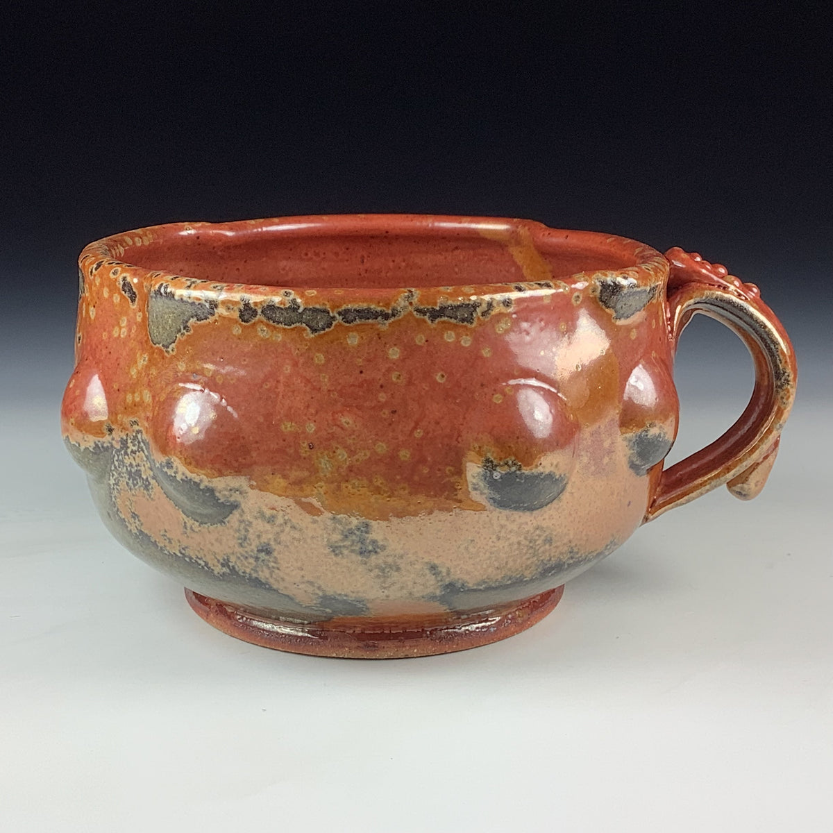 Handmade Ceramic Pottery Bowl with Handle, Orange Shino Bump Glaze