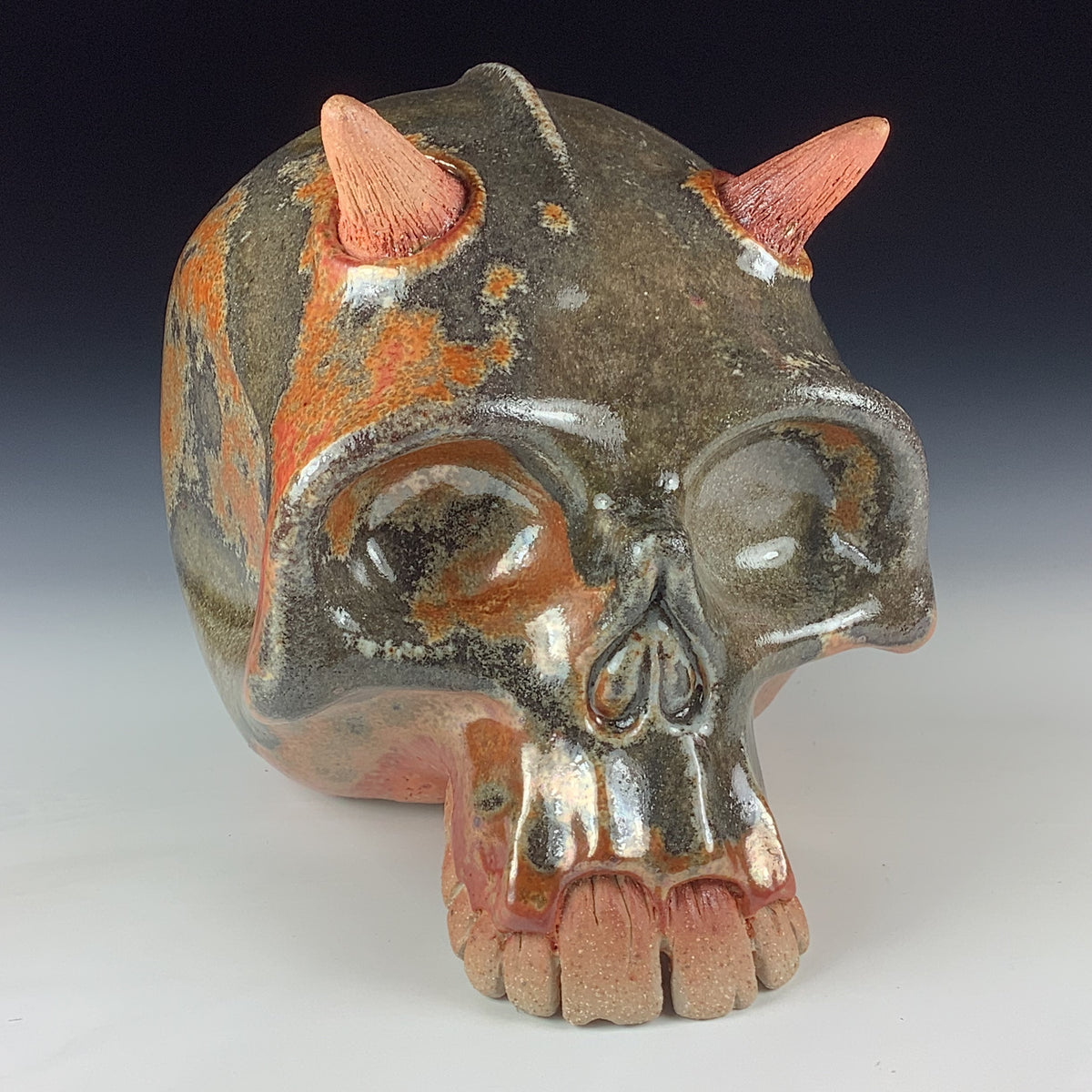 Handmade Shino Orange Ceramic Stoneware Pottery Skull
