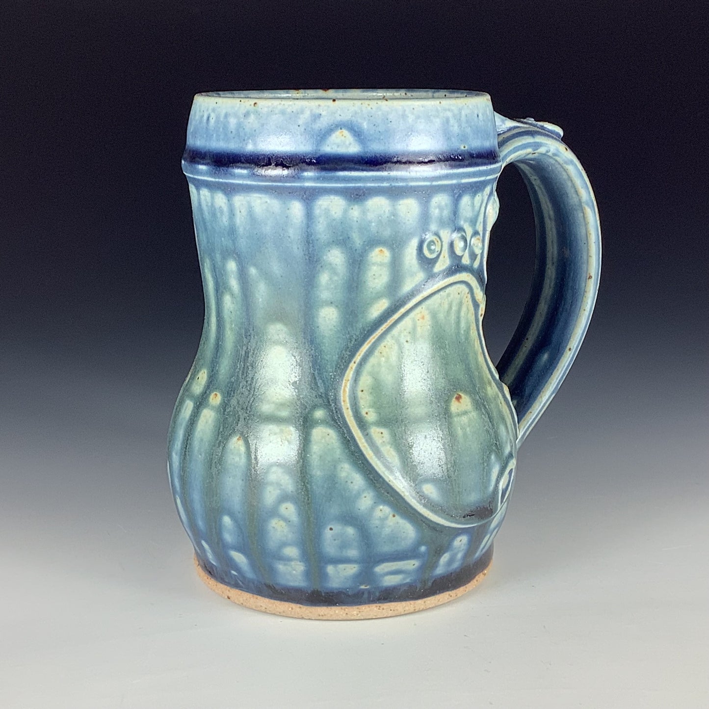 Handmade Stoneware Coffee Mug: Ash Blue Glaze, Slip-Dotted Bamboo