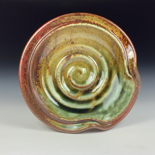 Handmade ceramic spoon rest stoneware pottery kitchenware - spiral spoon rest - Iron red with white ash  item 3802