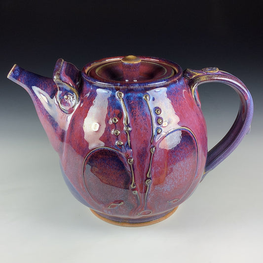 Handmade Ceramic Teapot: Purple Red Glaze, Slip Trailed Bamboo Stoneware - Item 4087