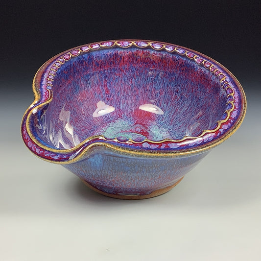 Handmade ceramic deep spoon rest stoneware pottery kitchenware - Purple red dotted rim item 3876