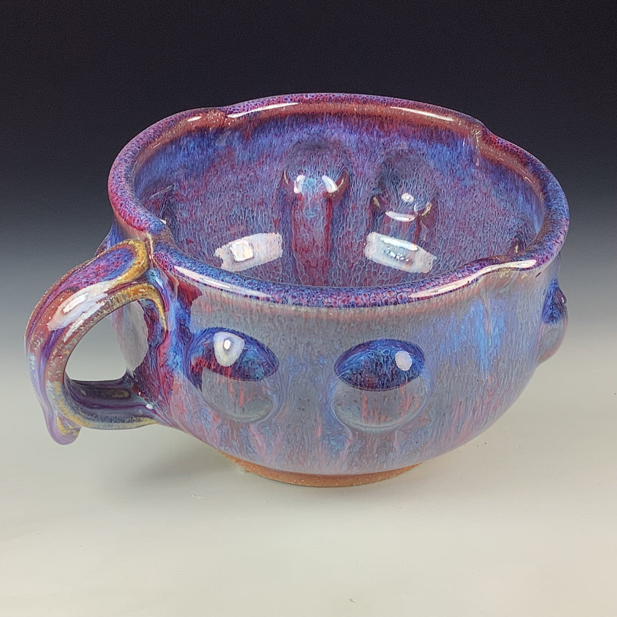 Handmade Ceramic Pottery Bowl with Handle, Red Purple Bump Glaze