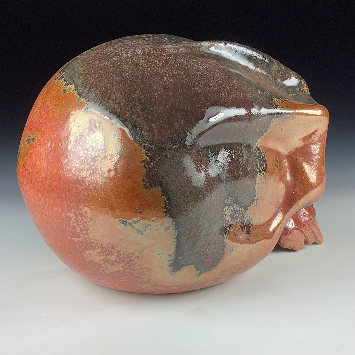 Handmade Shino Orange Ceramic Stoneware Pottery Skull