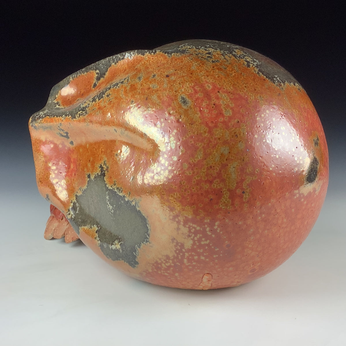 Handmade Shino Orange Ceramic Stoneware Pottery Skull