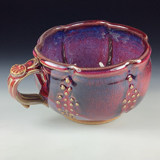 Handmade Ceramic Pottery Bowl with Handle, Slip Dotted Red Purple Glaze