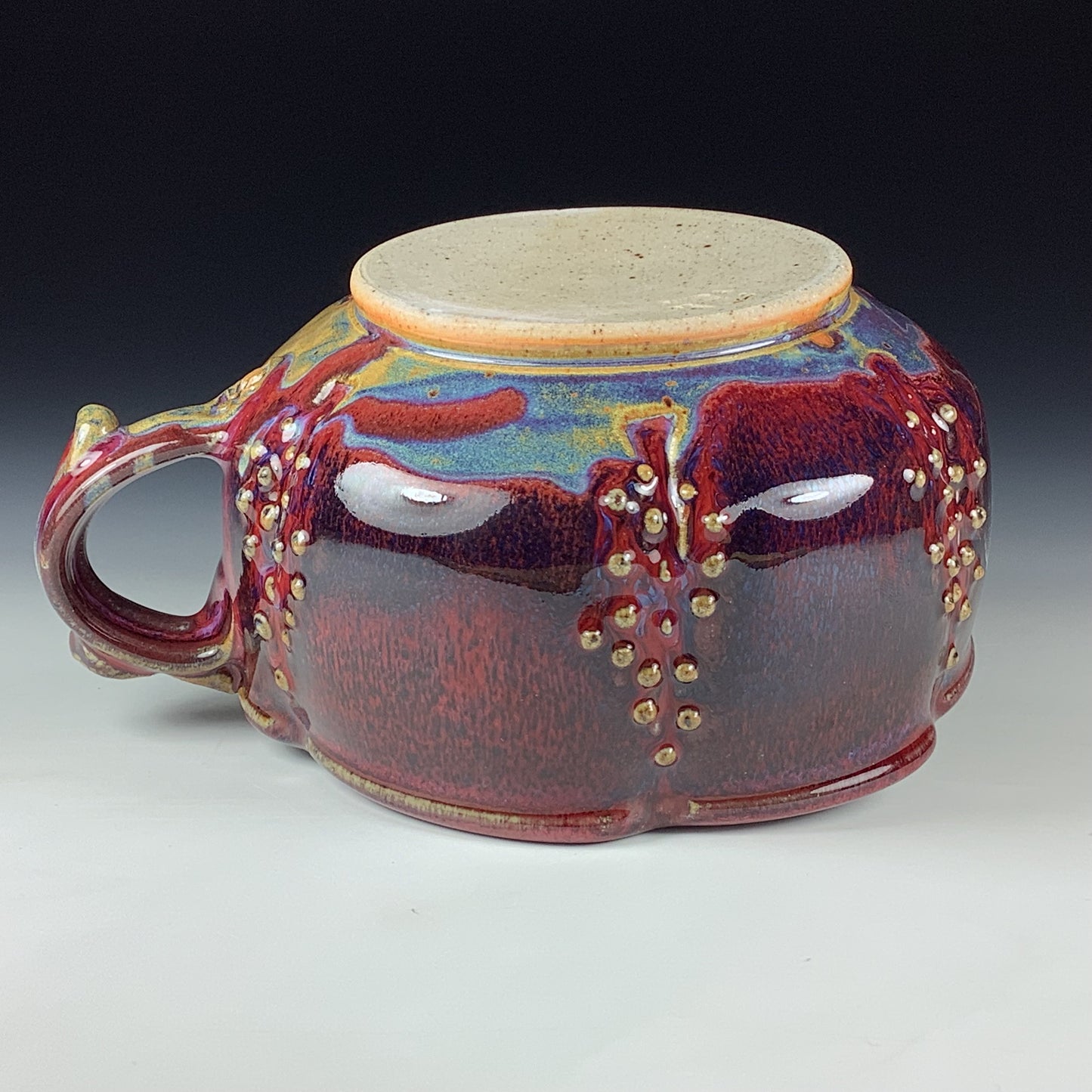 Handmade Ceramic Pottery Bowl with Handle, Slip Dotted Red Purple Glaze